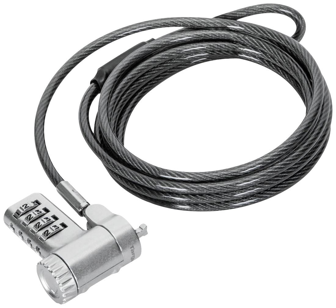 Een slot met kabel, voorzien van een nummercombinatiesysteem, geschikt voor het beveiligen van laptops of andere apparaten.