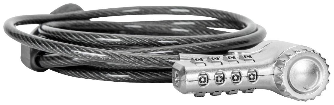 Een zwart nummerslot met staalkabel voor het beveiligen van fietsen of andere voorwerpen. Het slot heeft vijfcijferige combinaties.