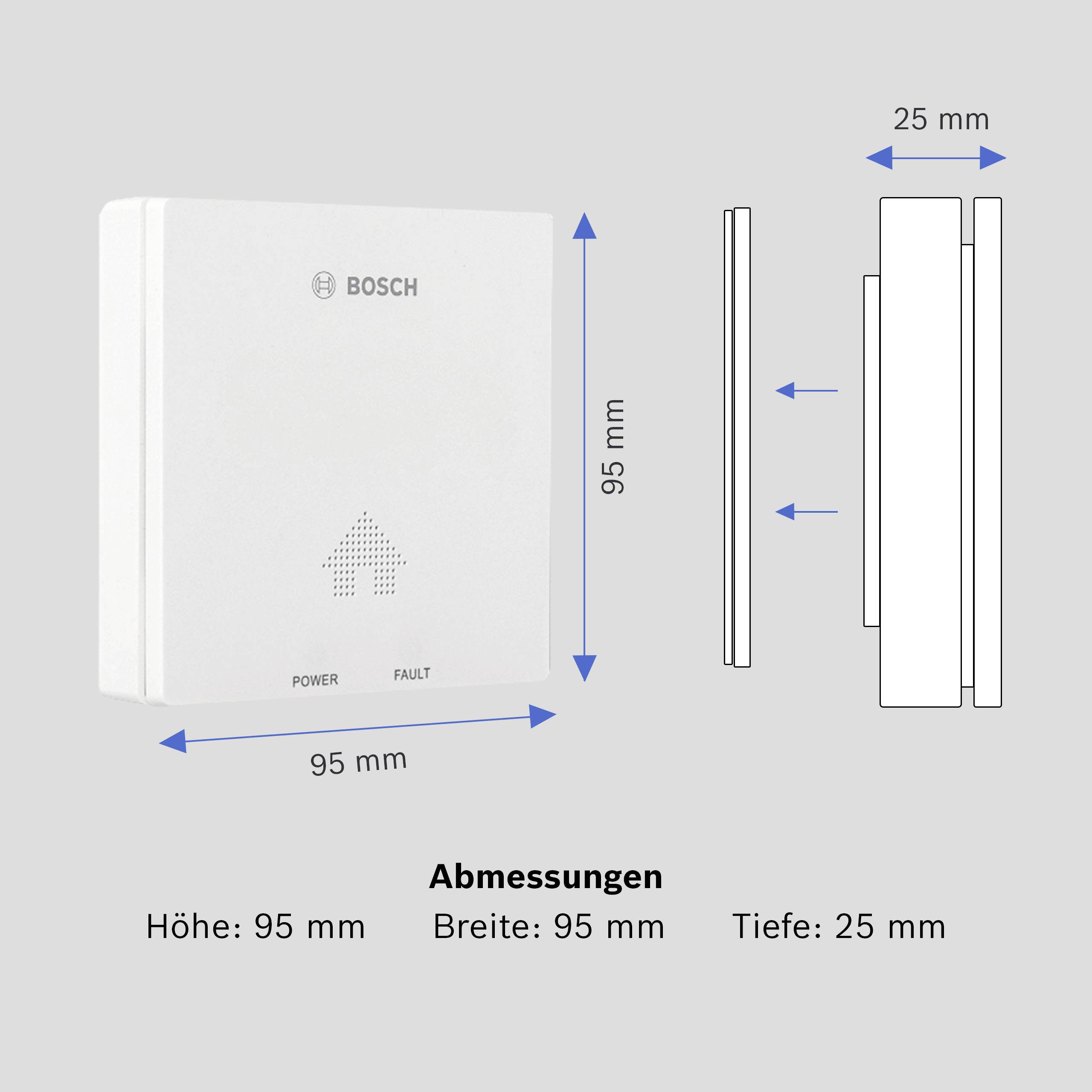 Een vierkant apparaat van Bosch met het opschrift 'POWER' en 'FAULT', ernaast een schets met de afmetingen: 95 mm hoogte, 95 mm breedte, 25 mm diepte.