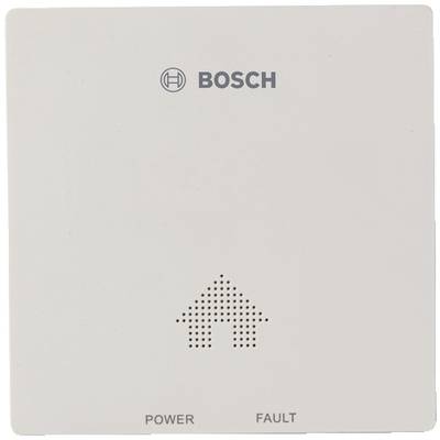 Een Bosch-alarmtoestel met een puntpatroon in pijlvorm. Onderaan bevinden zich de indicatoren 'POWER' en 'FAULT'.