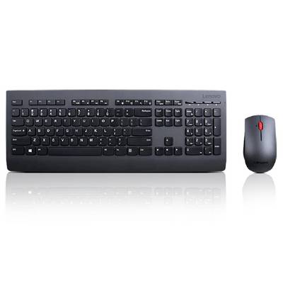 Zwarte Lenovo-toetsenbord met numeriek toetsenblok, naast een draadloze muis. Ideaal voor kantoorwerkzaamheden en algemeen typen.