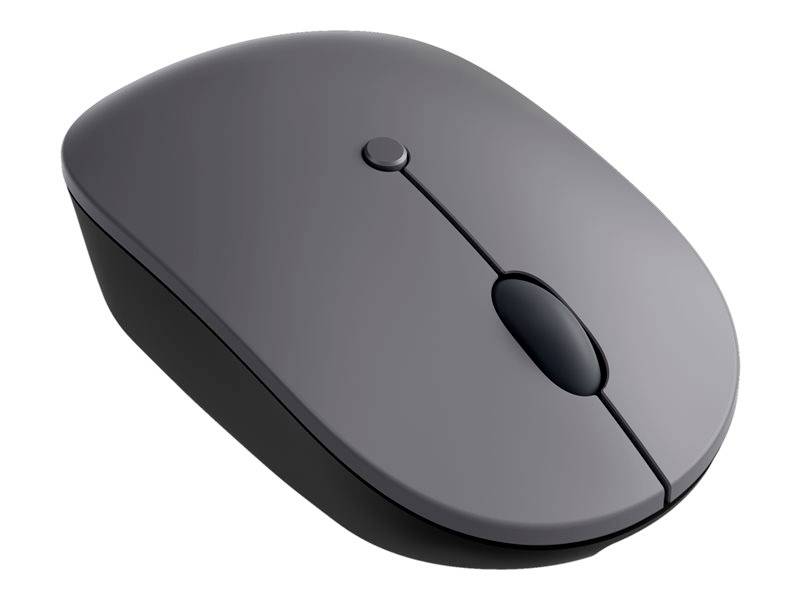 Draadloze grijze computermuis met twee knoppen en scrollwiel, geplaatst op een witte achtergrond.