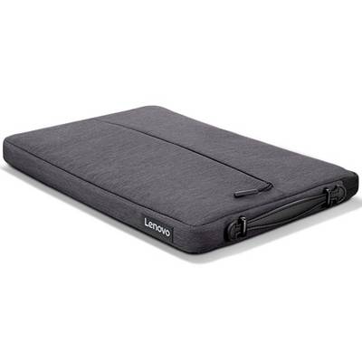 Zwarte Lenovo-laptoptas van stof met rits en handgreep, liggend op een gladde ondergrond.