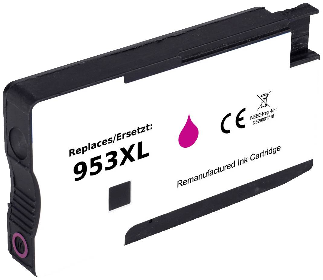 Inktcartridge met opdruk 'Replaces/Vervangt: 953XL', roze inktdruppel-grafiek en aanwijzingen voor gerecycleerde materialen.