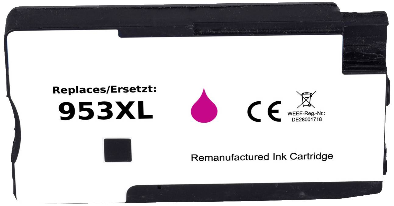 Zwarte inktcartridge met opschrift 'Replaces/Vervangt: 953XL', roze druppelsymbool, CE-markering en tekst 'Gereconditioneerde inktcartridge'.