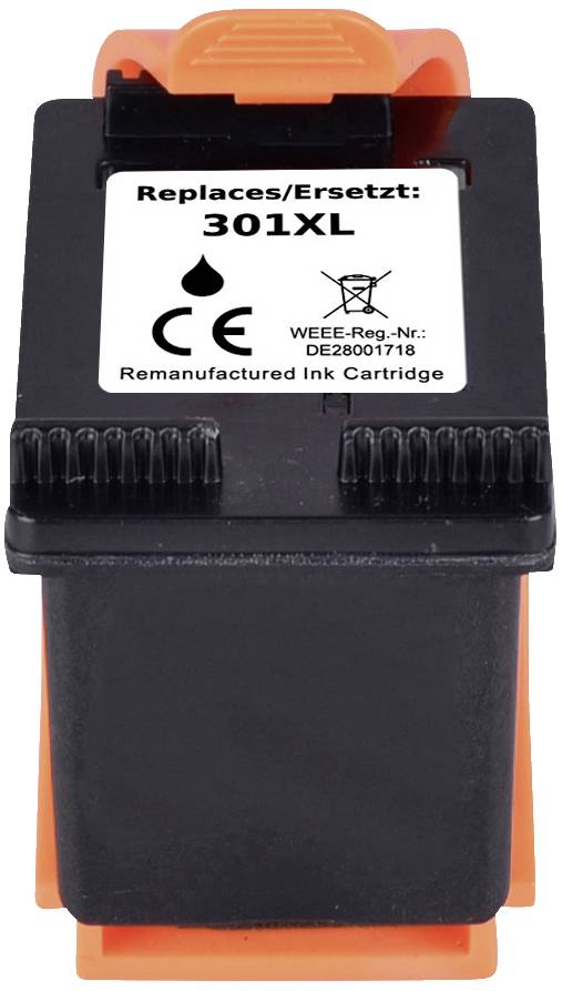 Zwarte inktcartridge met oranje dop, opschrift 'Replaces/Vervangt: 301XL', CE-markering en recyclingnummer.