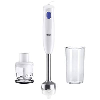 Een staafmixerset bestaande uit een witte staafmixer met een blauwe knop, een mengbeker en een hakmolen-opzetstuk.
