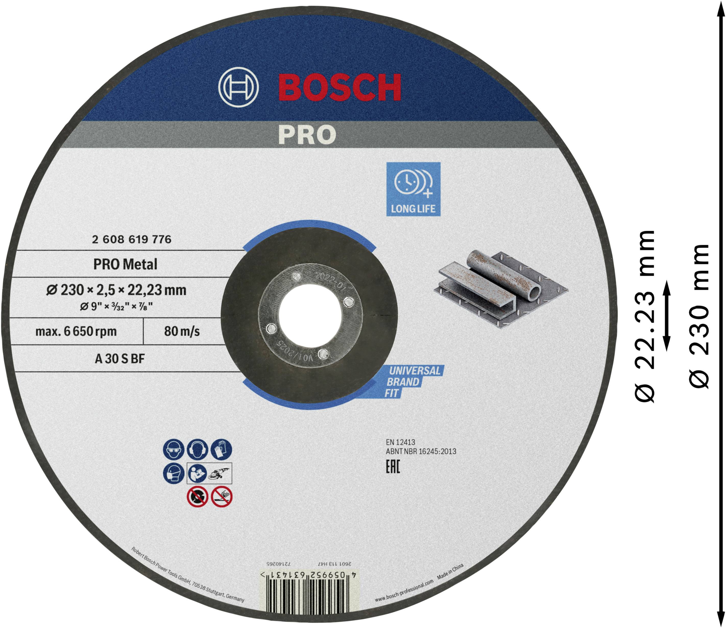 Slijpschijf van Bosch voor metaal, diameter 230 mm, dikte 2,5 mm. Max. 6650 omw/min. Geschikt voor haakse slijper.