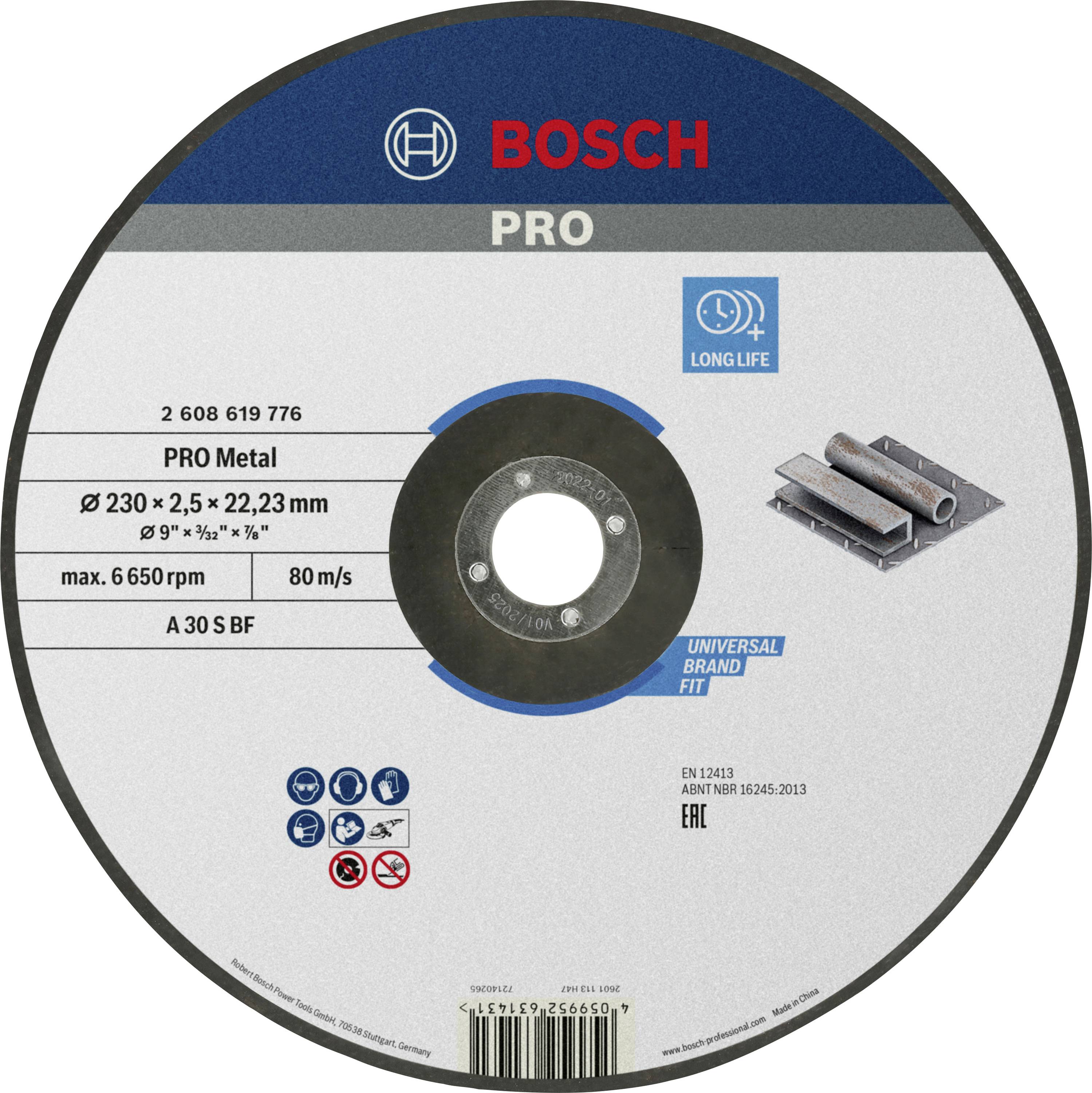 Slijpschijf van Bosch voor metaal. Diameter 230mm, dikte 2,5mm. Geschikt voor max. 6.650 omw/min. Duurzaam en universeel inzetbaar.
