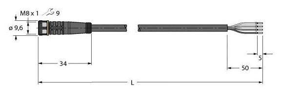 Technische tekening van een M8-connector met afmetingen: Totale lengte L, connectorbreedte 9,6 mm, pinlengte 34 mm, kabeluiteinde 50 mm.