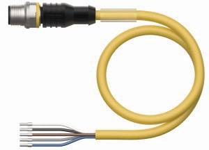 Geel kabel met een ronde stekker aan de linkerkant, eindigt rechts in vijf gekleurde draden. Geschikt voor elektronische aansluitingen.
