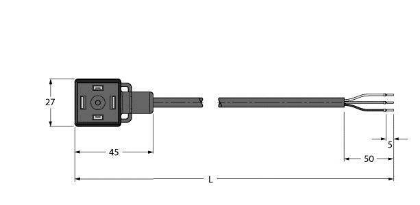 Technische tekening van een elektronisch onderdeel met afmetingen: breedte 27 mm, lengte 45 mm, kabel 50 mm lang.