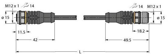 Technische tekening van een M12 x 1 kabel met connectoren. Links en rechts: Diameter 15 mm. Totale lengte L, rechterzijde: 18,2 mm lang.
