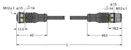 Technische tekening van twee M12-connectoren met maatvoering. Links een stekkerverbinding, rechts een schroefdraadaansluiting.