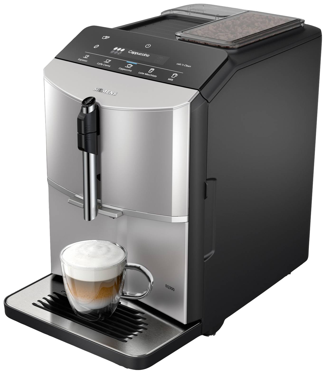 Volautomaat voor koffie met digitaal display en melkopschuimer. Een gevulde glazen kop cappuccino staat op het lekrooster.