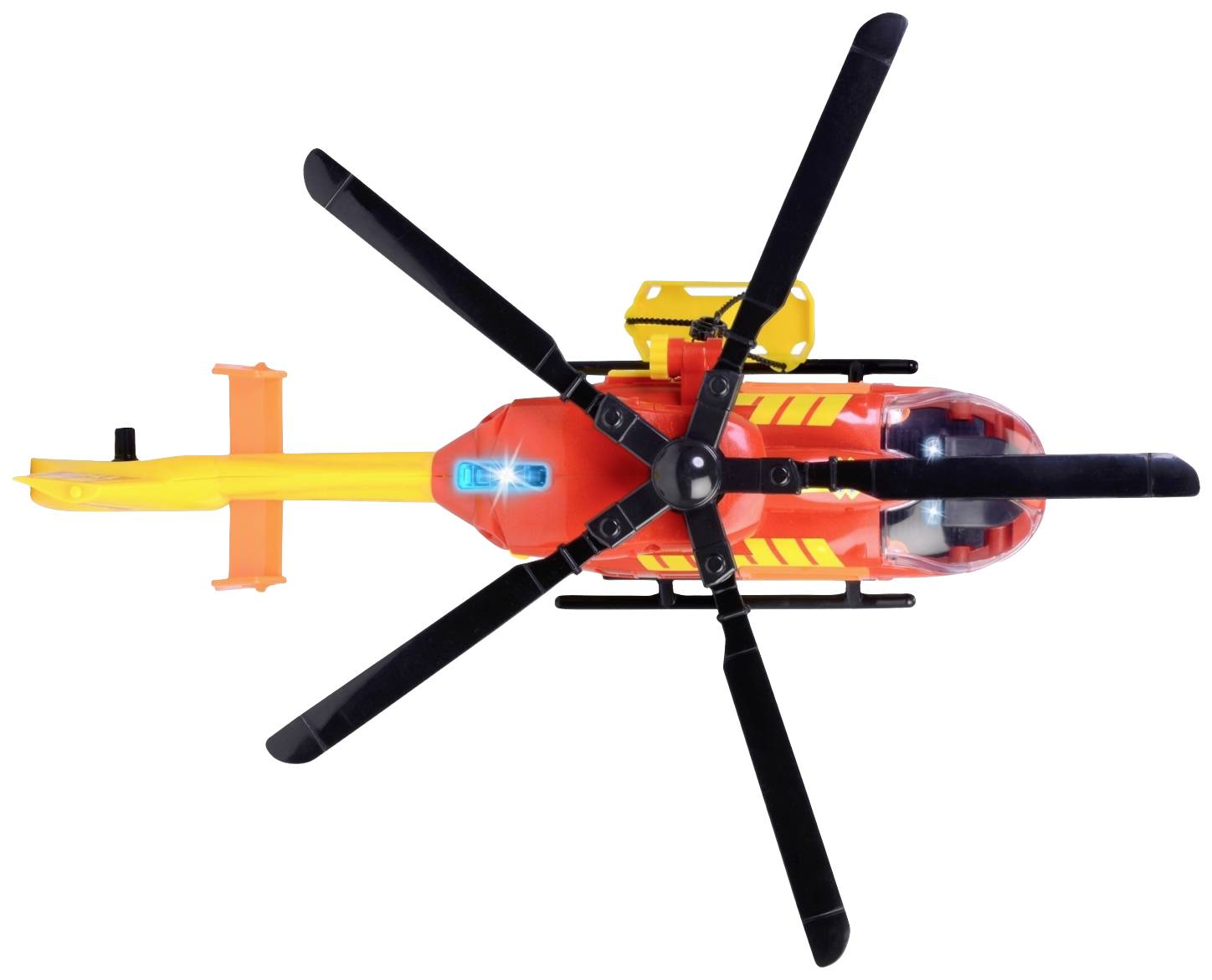 Een rode speelgoed-helikopter met zwarte rotorbladen en gele accenten, bekeken van bovenaf.