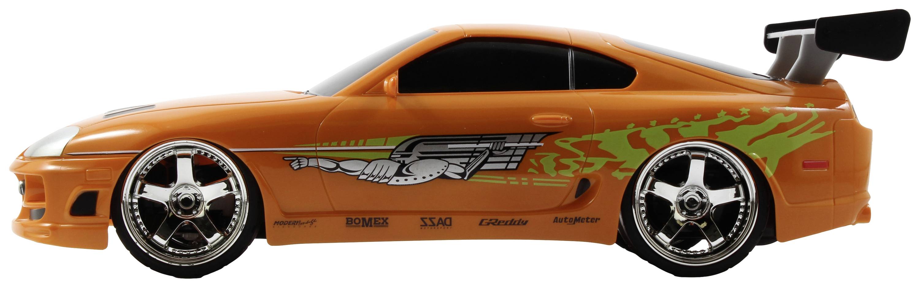 Een oranje sportwagen met opvallende graphics aan de zijkant en een grote achterspoiler; ontworpen als speelgoedauto.