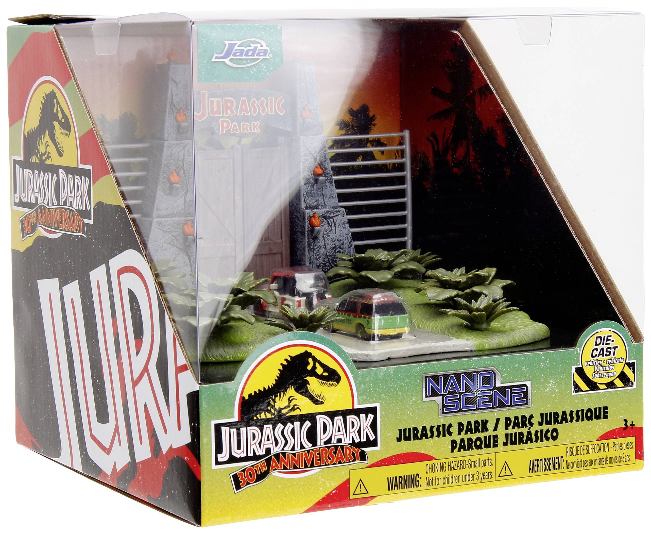 Verpakking van een Jurassic Park Nano-Scenes met een modelauto voor de iconische poort, omgeven door planten. 30e jubileumeditie.