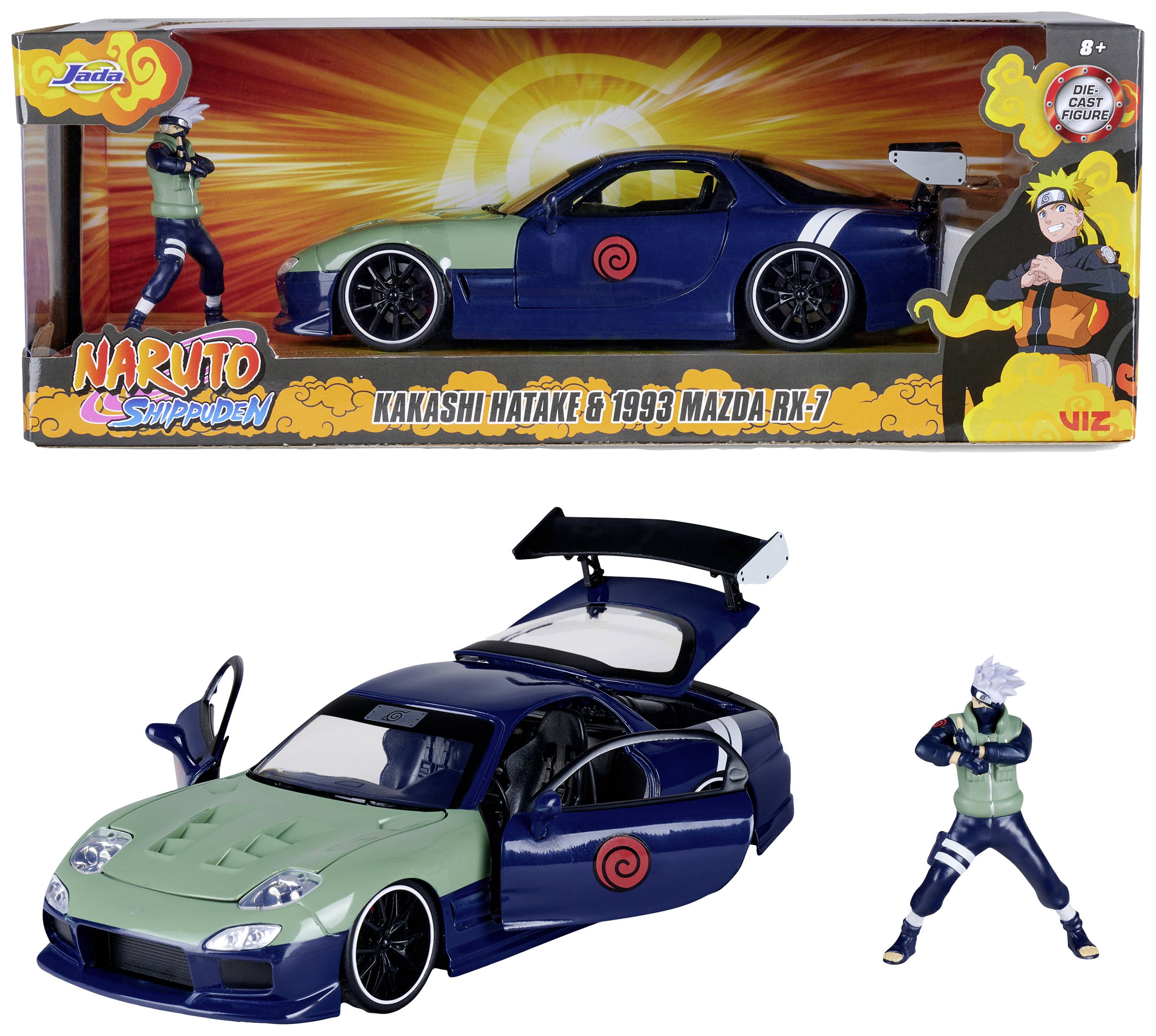 Speelgoedmodel van een Mazda RX-7 in 'Naruto Shippuden'-design met Kakashi-figuur. Verpakking met 'Kakashi Hatake & 1993 Mazda RX-7'.