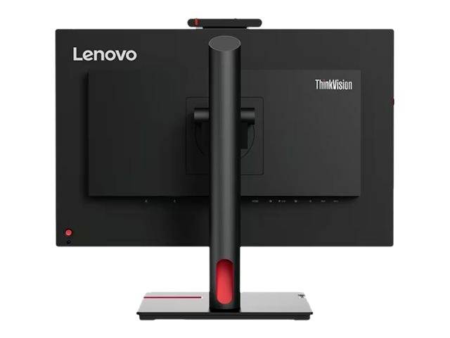 Achterzijde van een Lenovo ThinkVision-monitor met een modern design, zwarte behuizing en een rode accent aan de voet van de standaard.