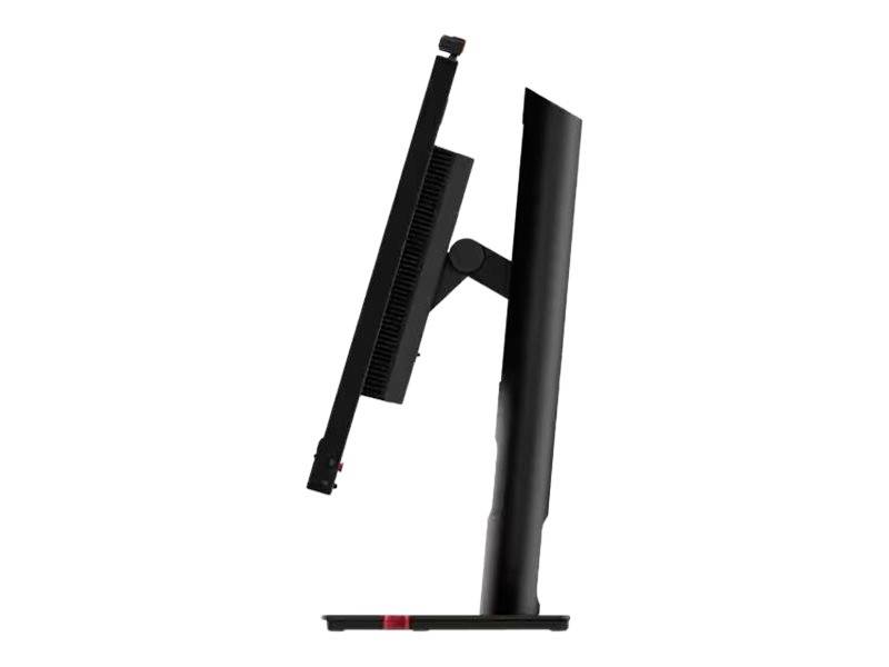 Zijaanzicht van een zwarte monitor met verstelbare standaard, waarbij de kantelhoek van het scherm wordt getoond.