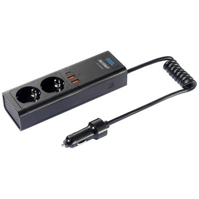 Draagbare spanningsomvormer voor voertuigen. Twee stopcontacten en drie USB-poorten. Zwart design met spiraal snoer en 12V-aanstekerplug.