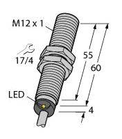Technische tekening van een cilindrische sensor. Afmetingen: 60 mm lengte, 17 mm breedte, schroefdraad M12 x 1. Aan de voorkant is een LED-indicator zichtbaar.