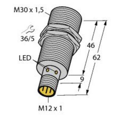 Industriesensor met M30 x 1,5 schroefdraad en M12 x 1 aansluiting, gemarkeerde lengte van 62 mm. Kleine LED-indicator en gereedschapssymbool.