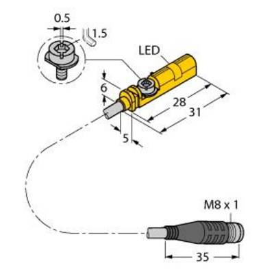 Technische tekening van een connectoren met LED-indicator. Afmetingen: 31mm lengte, 6mm hoogte en 5mm breedte. Schroefgrootte M8 x 1.