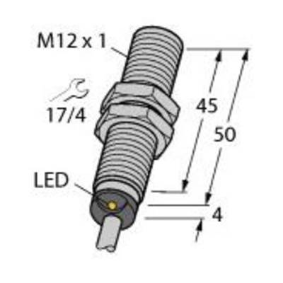 Afbeelding van een cilindrisch object met het label 'M12 x 1', 'LED', en afmetingen: lengte 50 mm, diameter 17/4 mm; toont ook een moersleutel.