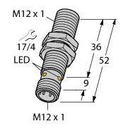 Technische tekening van een cilindrische connector met M12 x 1 schroefdraad. Afmetingen: lengte 52 mm, breedte 9 mm. LED-symbool gemarkeerd.