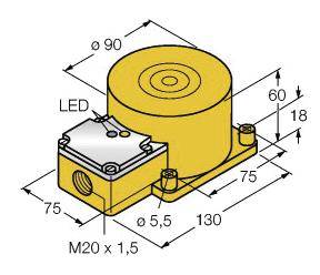Technische tekening van een cilindrisch apparaat met LED, voetplaat en afmetingen: diameter 90, hoogte 60, lengte 130 mm.