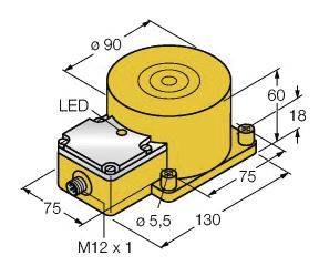 Een gele, cilindrische sensor met afmetingen: hoogte 60 mm, diameter 90 mm. Met LED-indicatie en M12 x 1 connector.