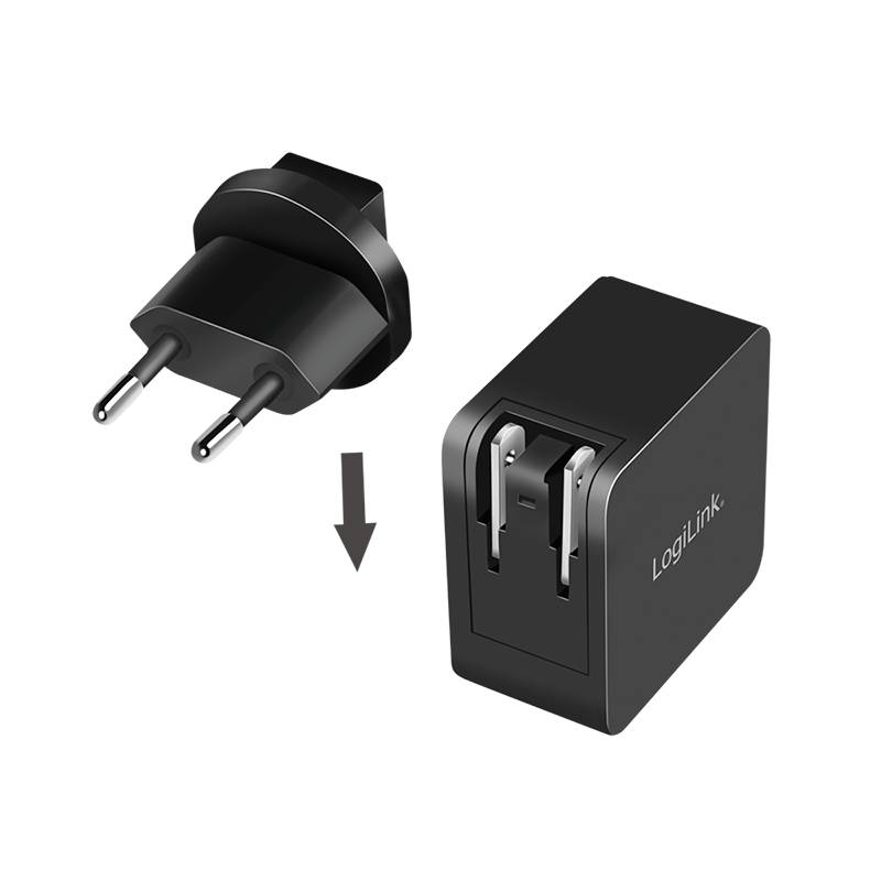 'Zwarte LogiLink USB-netadapter met EU-stekker en USB-poorten. De adapter is compact en geschikt voor het opladen van apparaten.'