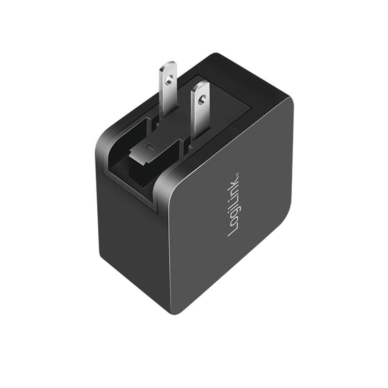 Een zwarte USB-oplader met twee stekkers voor het stopcontact, met het opschrift 'Logilink' aan de zijkant.
