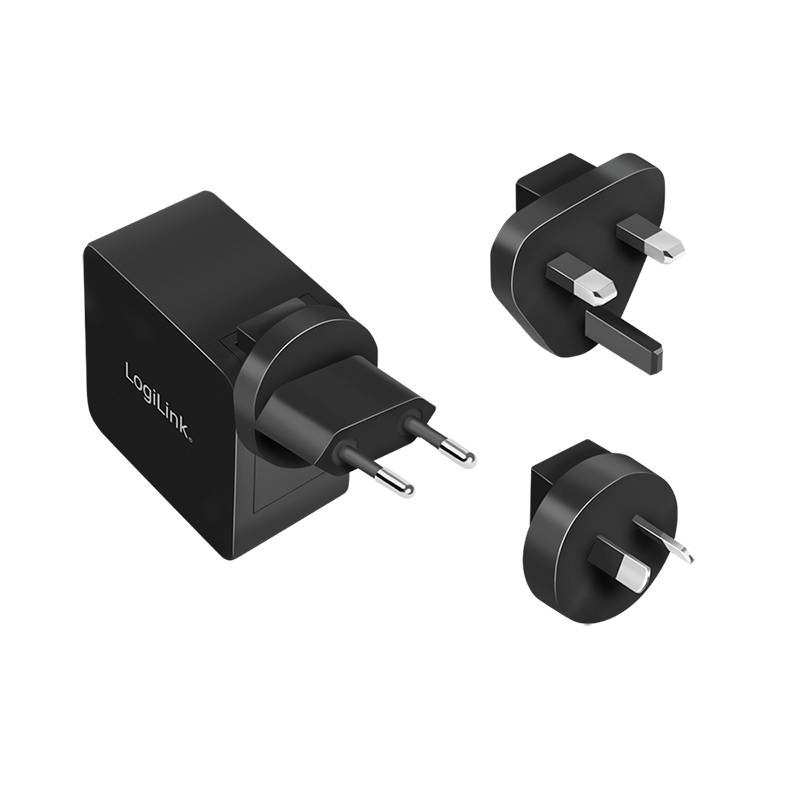 Een zwarte oplader met verwisselbare adapters voor verschillende stopcontactstandaarden, waaronder Europees, Brits en Australisch.