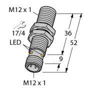 Afbeelding van een M12-stekker met schroefdraadspecificaties (M12 x 1) en afmetingen: 36 mm, 52 mm en 9 mm. Een LED en een sleutel (maat 17/4) zijn eveneens gemarkeerd.