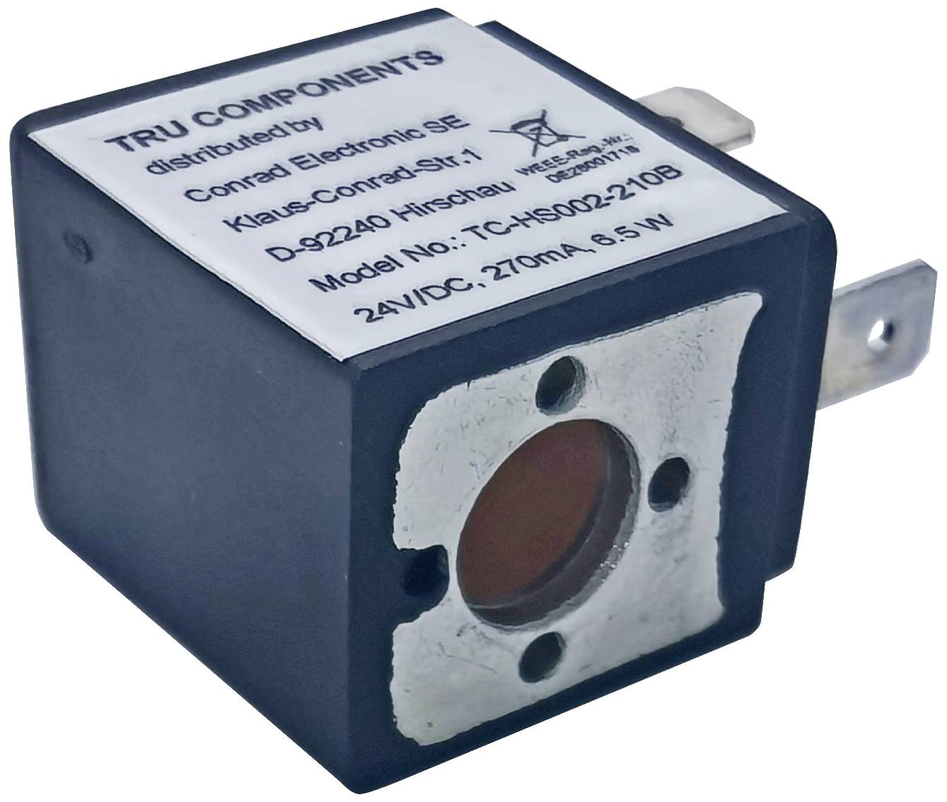 'TRU COMPONENTS' Magneetventiel, Modelnummer TCHE4002-210B, 24V/DC, 270mA, 6,5W. Fabrikant Conrad Electronic SE, Hirschau, Duitsland.