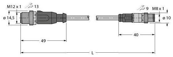 Technische tekening van een kabel met M12-stekker links en M8-stekker rechts. Lengtematen 49 mm en 40 mm aangegeven.