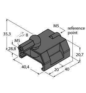 Technische tekening van een onderdeel met maatvoering: Lengte 40,4, Breedte 35,3, Hoogte 20,7, Schroefdraad M5. 'Referentiepunt' gemarkeerd.