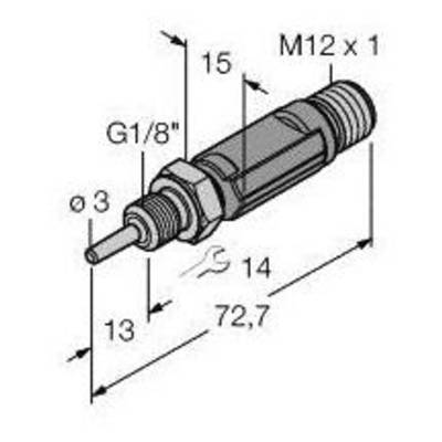 Technische tekening van een cilindrische sensor. Afmetingen: lengte 72,7 mm, diameter 3 mm. Aansluitingen: G1/8' en M12 x 1.