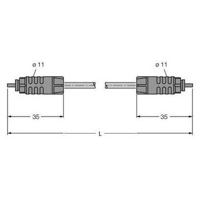 'Technische tekening van twee verbonden stekkers, elk 35 mm lang en 11 mm in doorsnede, met afstand L tussen hen in.'