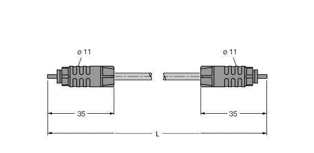 Tekening van een connector met twee uiteinden, diameter 11 mm, lengte van elk eindgedeelte 35 mm. Totale lengte 'L' variabel.