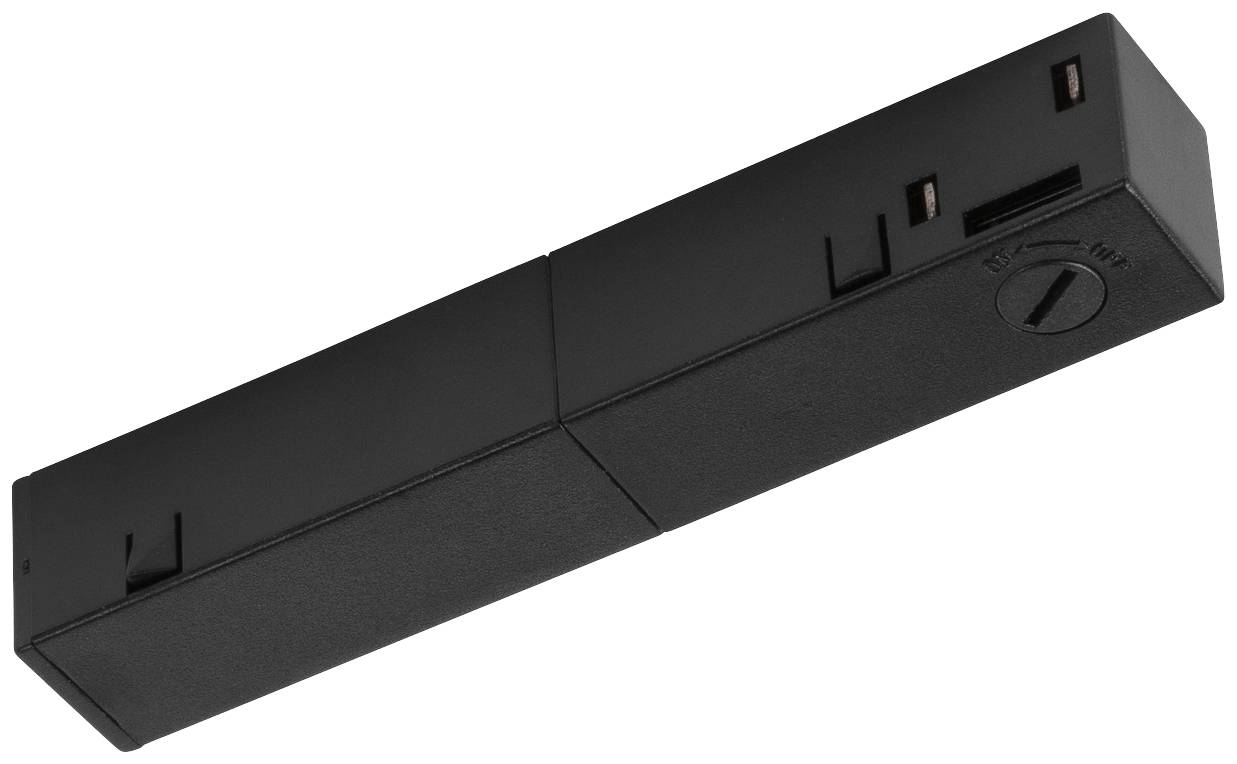 Zwarte elektronische deurslot, rechthoekig, met instelwiel aan de zijkant.