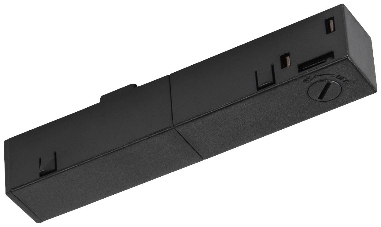 Zwarte rechthoekige apparaat met een USB-aansluiting en een schakelaar aan de zijkant, mogelijk een technisch apparaat of oplader.