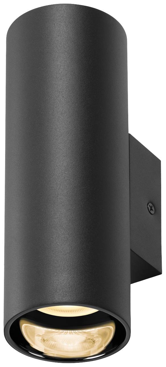 Zwarte cilindrische buitenlamp met wandbevestiging, verlicht naar boven en beneden, modern design.