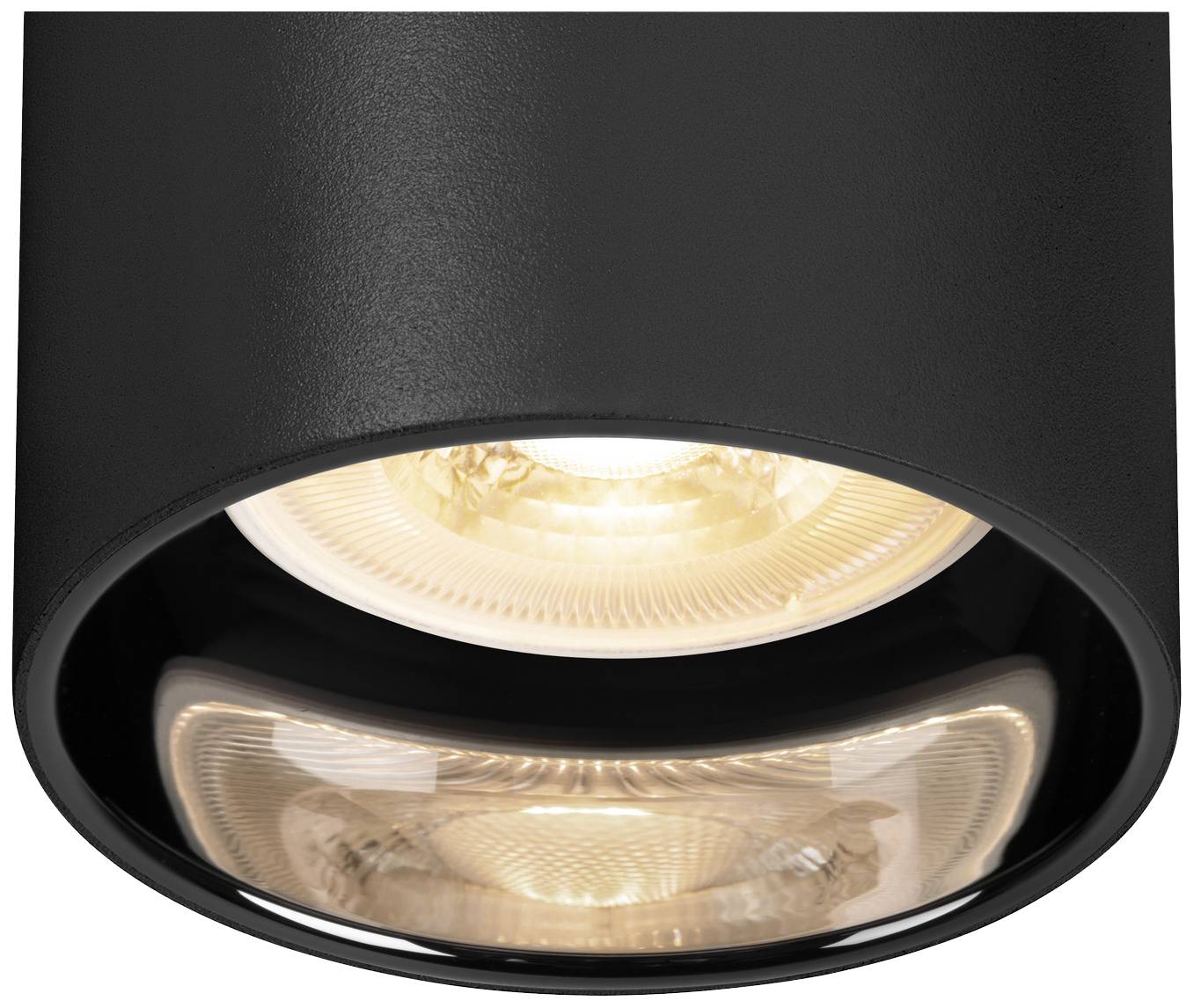 Ronde, zwarte plafondlamp met zichtbaar gloeidraadlicht aan de binnenkant, die naar beneden schijnt.