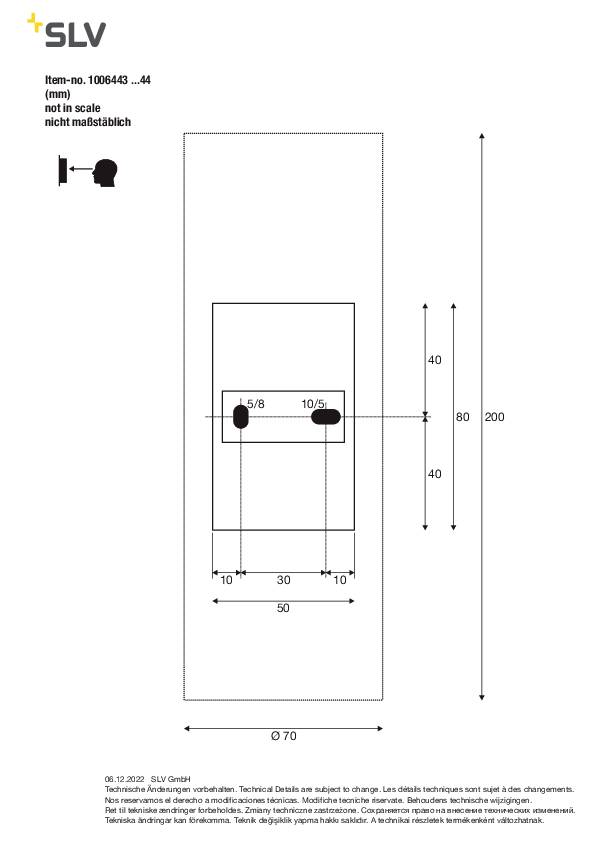 Technische tekening van een rechthoekig onderdeel met afmetingen in millimeters. Bijschrift: 'not in scale, niet op schaal'.