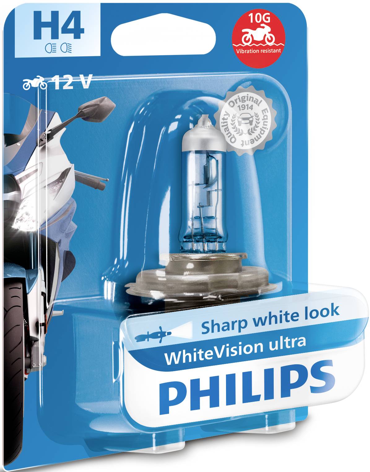 'Philips H4 12V Gloeilamp', staat op de verpakking van een blauwe motorlamp. Tekst: 'Scherp wit uiterlijk', 'WhiteVision ultra'.