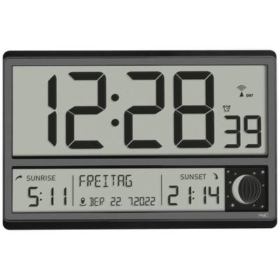 Digitale wandklok toont de tijd 12:28, de datum vrijdag, 22 juli 2022, zonsopkomst om 5:11 en zonsondergang om 21:14.